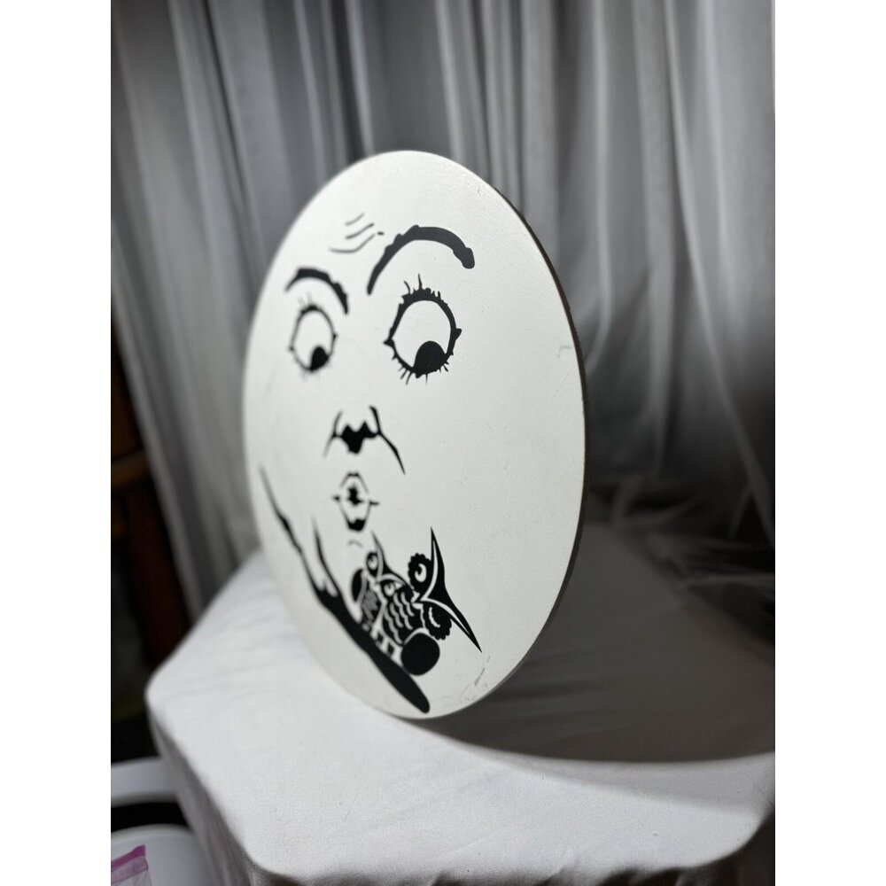 13.5" Retro Anthropomorphic Wood Moon Man Owls Halloween Sign Wall Window Decor - Picture 7 of 10